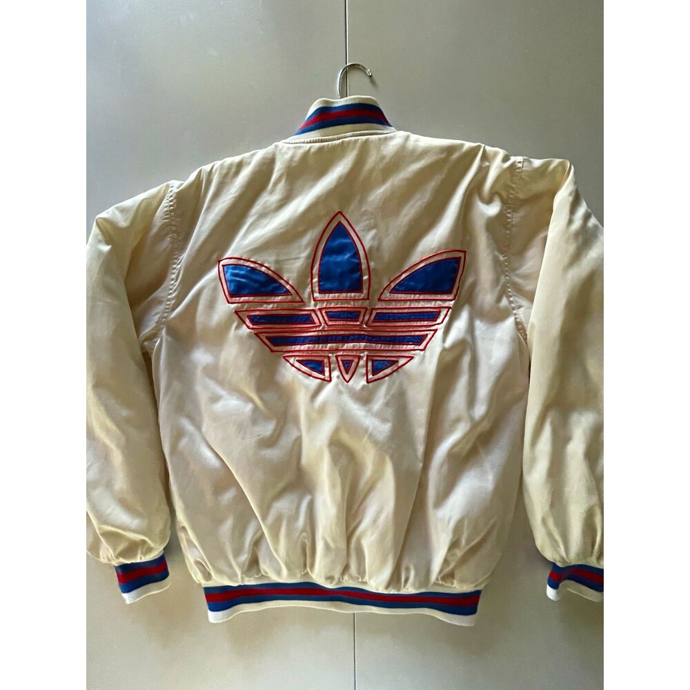 Vintage 80’s Run DMC Adidas White Quilted Bomber Jacket Embroidered Logo M